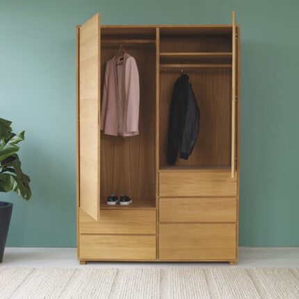 Buy Oiled Teak 2 Door Wardrobe With 5 Storage Drawers Online | TeakLab