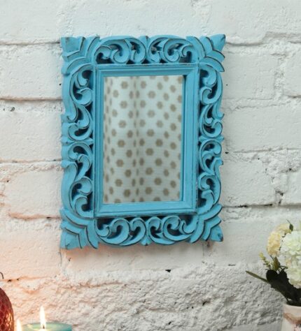 Buy Teaklab Rectangle Blue Teakwood Antique Carving Decorative Mirror Online | TeakLab