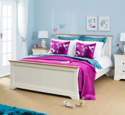 Buy Teaklab Cream Painted Teak Wood Double Bed Online | TeakLab