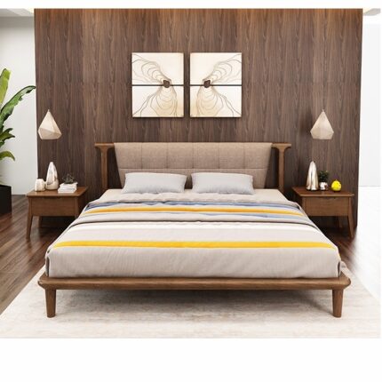 Buy Teak Wood Minimal Upholstered Bed Online | TeakLab 1