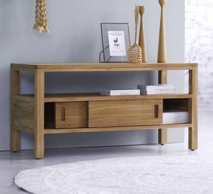 Buy Sliding Doors Natural Teak TV Cabinet Online | TeakLab 1