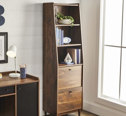 Buy 3 Shelf Narrow Bookcase with 2 Drawers, Vintage Walnut Finish Online | TeakLab 1