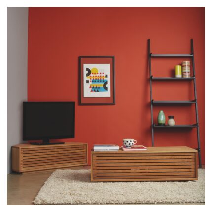 Buy Oiled Teak Corner TV Stand With Slatted Front Online | TeakLab